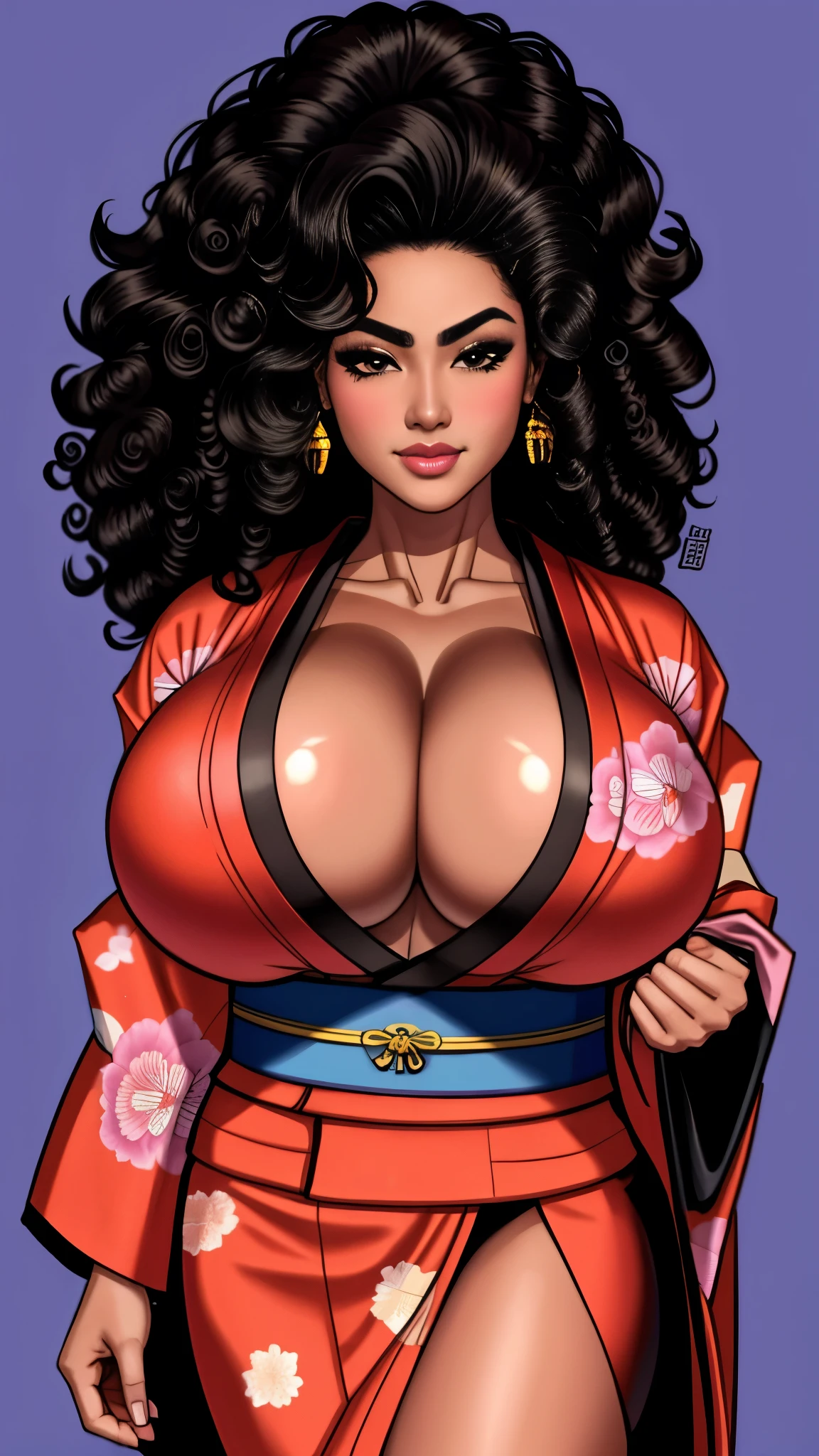 a young black Asian, Beautiful 1 model, ((kimono:1.4)),  ssmile, flirts with the camera, ebony skin, gigantic breastss, whole body,((curly hair)),((( big hair))), Square face, small noise and small lips, strong muscle, (((Hard muscle definition))), realistic body proportions, toned body, ((breasts big: 1.5)), ((whole body:1.4)), ((muslos grandes:1.5)), (((face perfect:1.5))), ((strong muscle definition:1.4)),