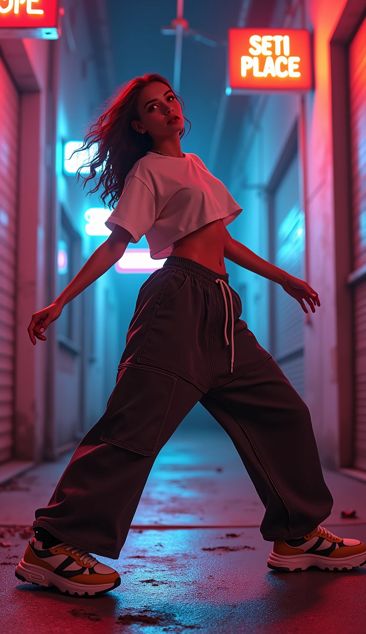 1990s , 1 dynamic female, 90s streetstyle hiphop fashion, baggy thick edgy  loose clothing, Melbourne shuffle  jumping shuffling  footwork ,  expressive pose, urban allyway environment, neon lights, cinematic lighting,, extremely detailed, photorealistic, 8k, film grain, dynamic composition, high quality, masterpiece
