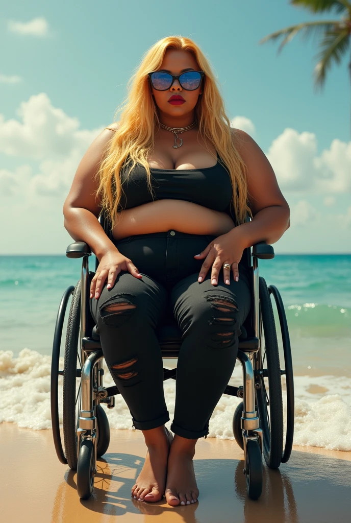 A fat black woman in a wheelchair with blonde hair,Black Skirt,ripped pants and cropped shirt barefoot, at beach
