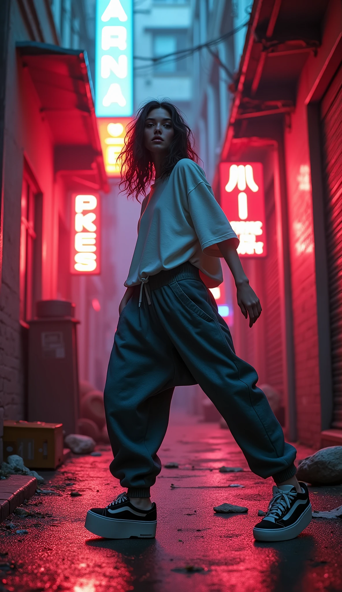 1990s , 1 dynamic female, 90s streetstyle hiphop fashion, baggy thick edgy loose clothing, Melbourne shuffle jumping shuffling footwork , expressive pose, urban allyway environment, neon lights, cinematic lighting,, extremely detailed, photorealistic, 8k, film grain, dynamic composition, high quality, masterpiece