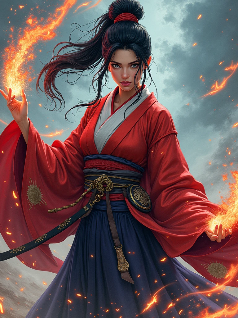 female war sorceress in traditional Japanese attire, vector graphics, strong contours