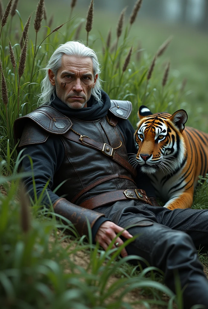 Male necromancer scarred skinny white long hair leather armour resting in high grass with young tiger