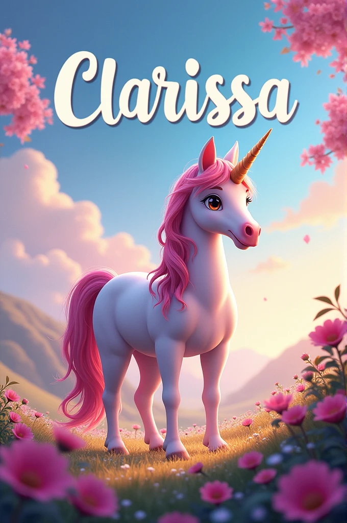 Written in large "clarissa" with pink unicorn with brown eyes, realistic