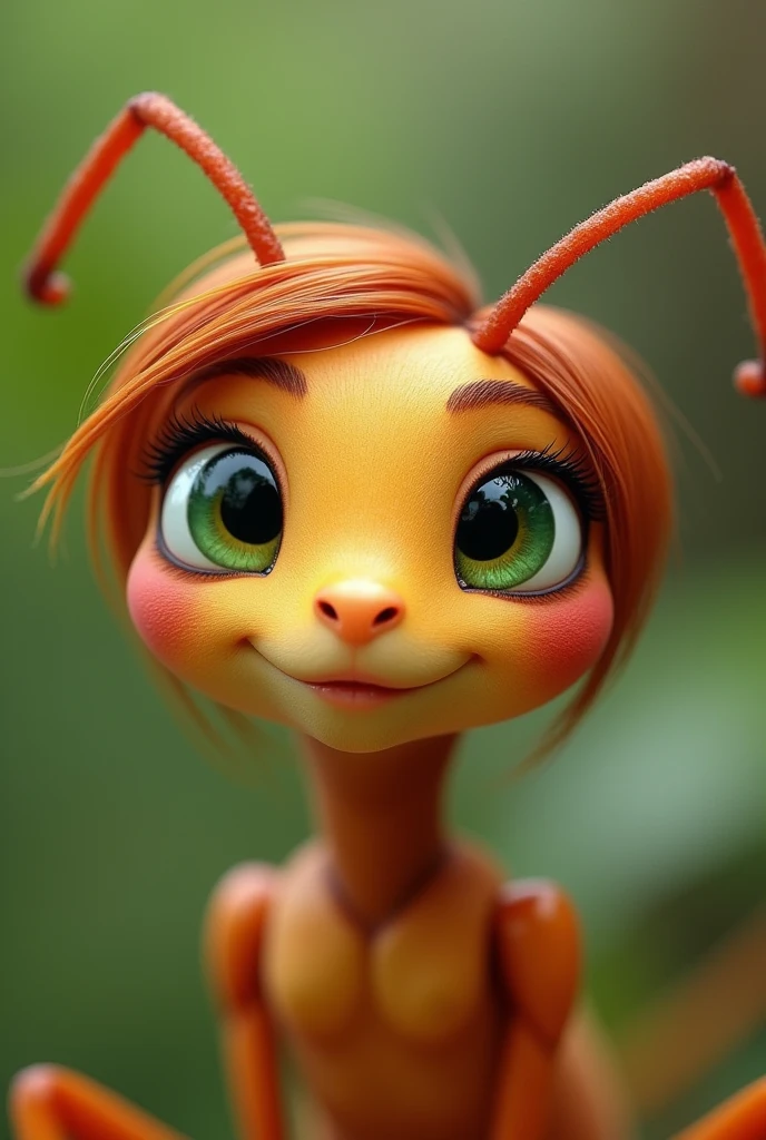 An anthropomorphized teenage ant, feminine, with big expressive green eyes, slightly arched eyebrows that reflect curiosity and sweetness. Her oval, symmetrical face has rosy cheeks and her skin is smooth and flawless.. Short reddish hair frames her face, and its long, flexible antennae