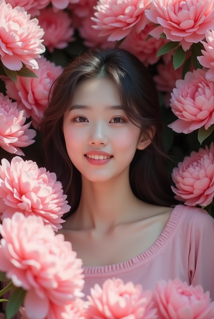 Photography，HD，Real People，1 Asian girl surrounded by peony flowers，Many pink flowers，The movements are natural and elegant，1，Slightly fat，sweet smile，teeth，Beautiful facial features，Exquisite makeup，Exquisite eyes，Eye details，big eyes，Pink yarn，Shoulder，hand臂，hand，Soft and fluffy hair，Soft light and shadow，Rich details