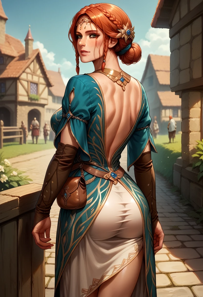 score_9, score_8_up, score_7_up, BREAK, score_9, TrssMeri, short hair, breasts, hair bun, elbow gloves, braid, dress, tiara, jewelry, freckles, pouch, looking at viewer, cowboy shot, ass, from behind, medieval, village