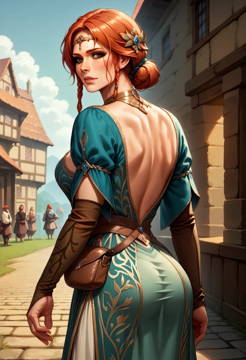 score_9, score_8_up, score_7_up, BREAK, score_9, TrssMeri, short hair, breasts, hair bun, elbow gloves, braid, dress, tiara, jewelry, freckles, pouch, looking at viewer, cowboy shot, ass, from behind, medieval, village