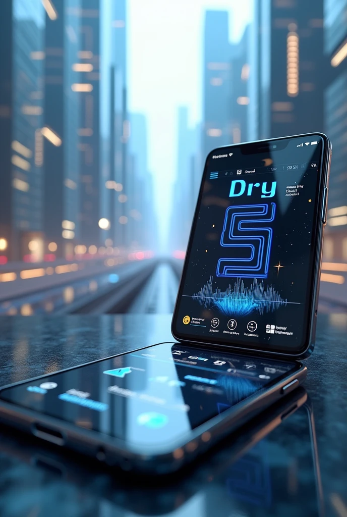 A cell phone with a channel called DRY5 on it and skyscrapers in the background