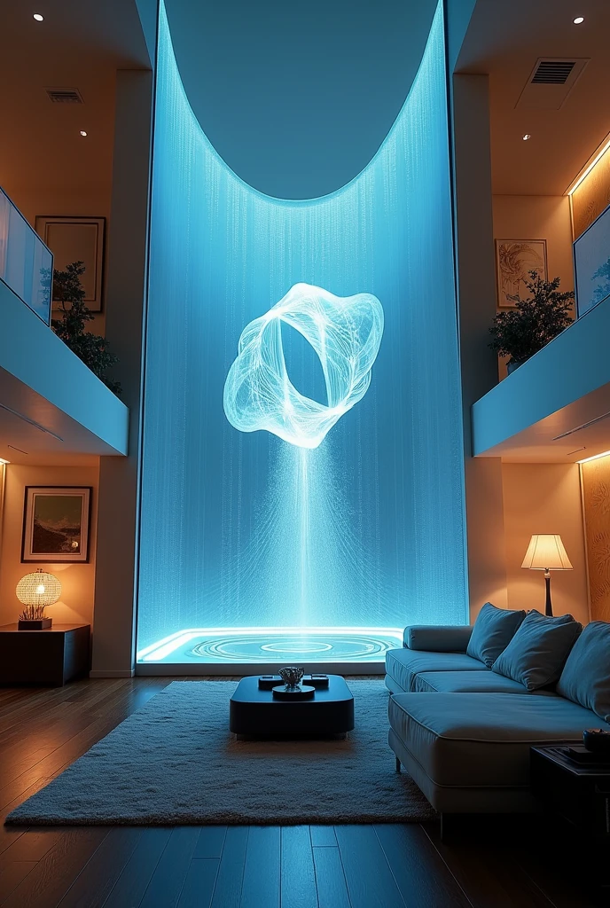 Two towers in the living room of a house projecting a 3d image in the middle
