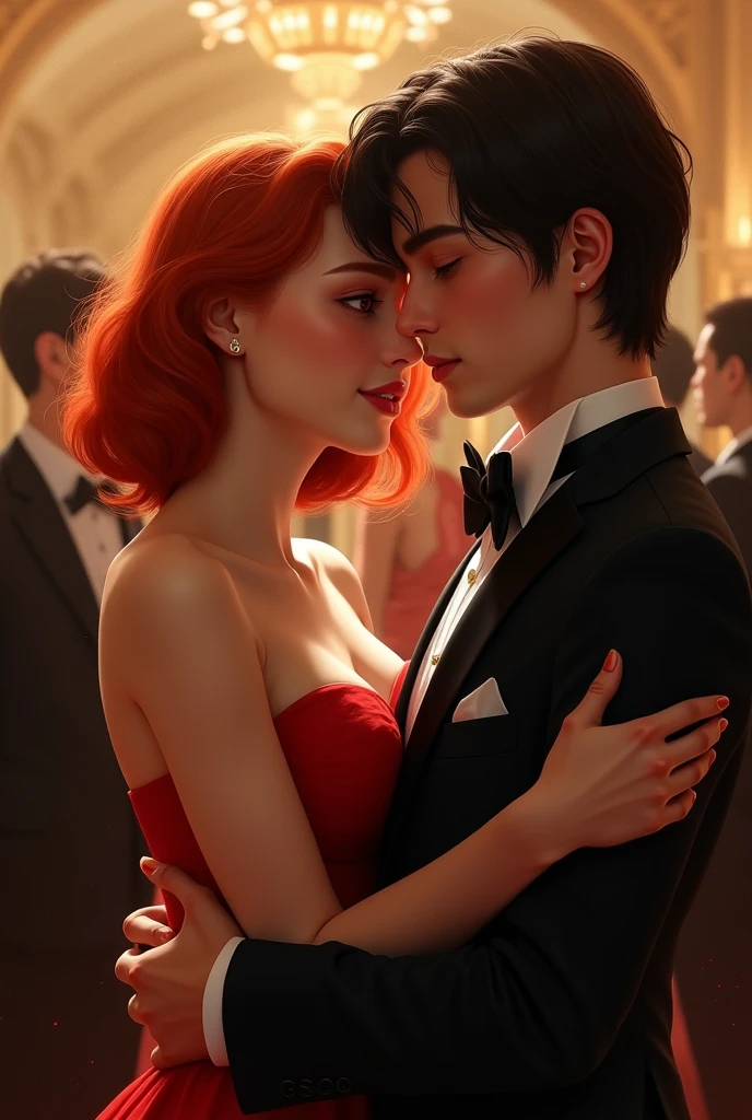 20 year old redheaded woman with red eyes in the arms of a 20 year old man with fair skin and medium length dark hair, at a gala party