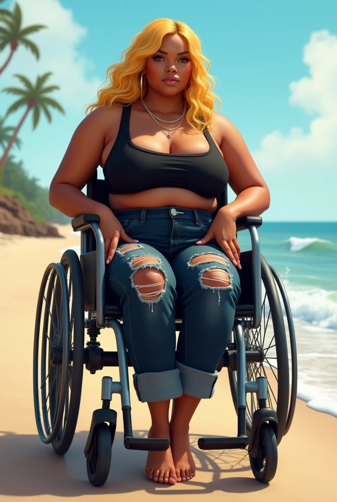 A fat  black girl in a wheelchair with blonde hair,Black Skirt,ripped pants and cropped shirt barefoot, at beach