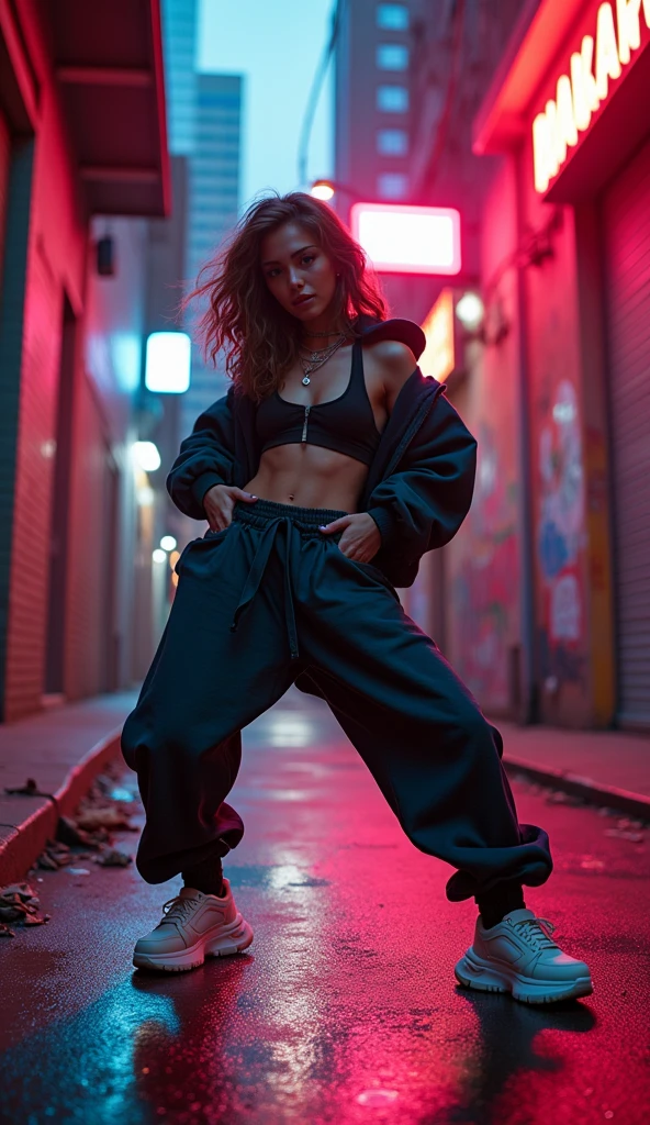 1990s , 1 dynamic female, 90s streetstyle hiphop fashion, baggy thick edgy loose sagging clothing, Melbourne shuffle sharp shuffling footwork , expressive pose, urban allyway environment, neon lights, cinematic lighting,, extremely detailed, photorealistic, 8k, film grain, dynamic composition, high quality, masterpiece