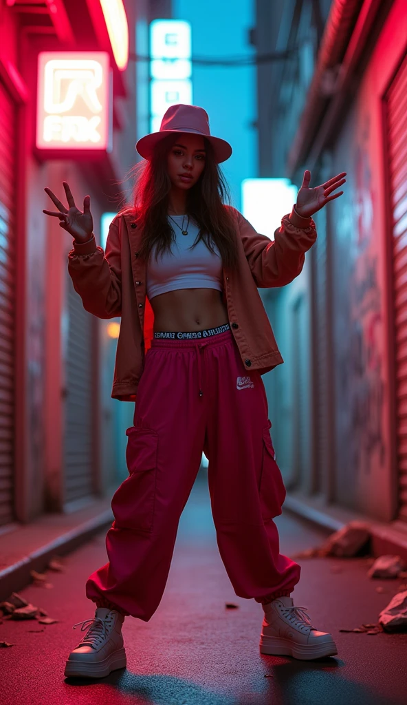 1990s , 1 dynamic female, 90s streetstyle hiphop fashion, baggy thick edgy loose sagging clothing, Melbourne shuffle sharp shuffling footwork , expressive pose, urban allyway environment, neon lights, cinematic lighting,, extremely detailed, photorealistic, 8k, film grain, dynamic composition, high quality, masterpiece
