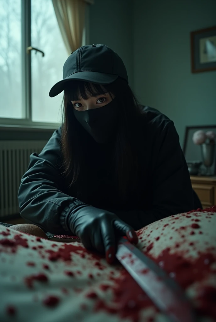 korean girl, (behind stiff, holding knife), stabbing, black balaclava mask, black gloves, girl's room, black raincoat, trucker hat, bloody knife, black gloves, woman on top, behind cadaver, blood splatter, on the bed, looking at viewer, mass murderer, killer, blood splatter, dark atmosphere, cinematic lighting, atmospheric realistic, light from the window, close-up,