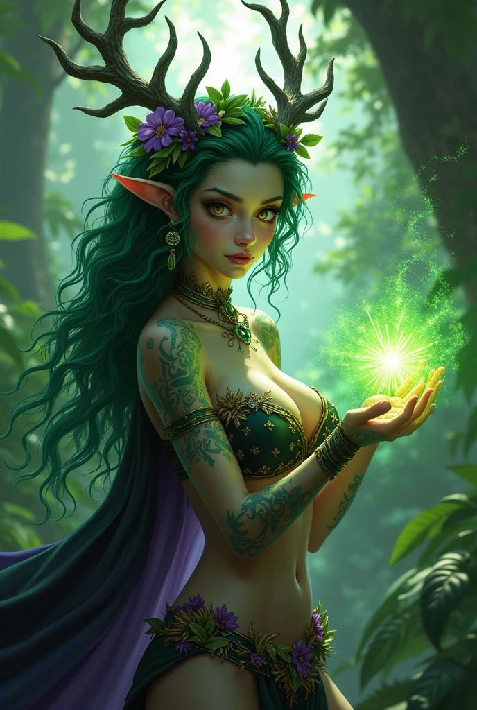 Jungle like environment. A young Plant woman with a deep green skin tone & a set of B-cup breast. She short has leaf green curly hair & is wearing a short revealing yet modest mythical flowing Black & Purple cloak with Golden Floral designs & an otherworldly Purple flower wreath on her head. She has Serious gaze in her Starlike Golden eyes & a heavy freckled form. She has long transparent crystal blue antlers radiating Floral energy & a set of quaint elven ears. She has long golden vine like tattoos running all around her body. She has a small cute nose She is seen in a battle stance summoning verdant green Starlight magic from her fingertips