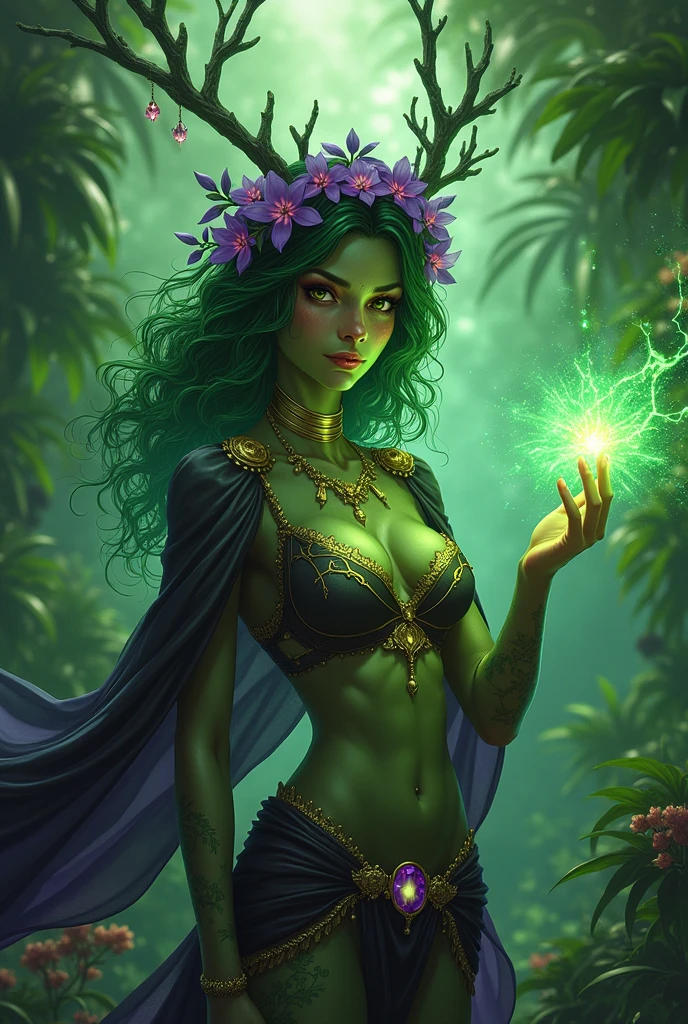 Jungle like environment. A young Plant woman with a deep green skin tone & a set of B-cup breast. She short has leaf green curly hair & is wearing a short revealing yet modest mythical flowing Black & Purple cloak with Golden Floral designs & an otherworldly Purple flower wreath on her head. She has Serious gaze in her Starlike Golden eyes & a heavy freckled form. She has long transparent crystal blue antlers radiating Floral energy & a set of quaint elven ears. She has long golden vine like tattoos running all around her body. She has a small cute nose She is seen in a battle stance summoning verdant green Starlight magic from her fingertips