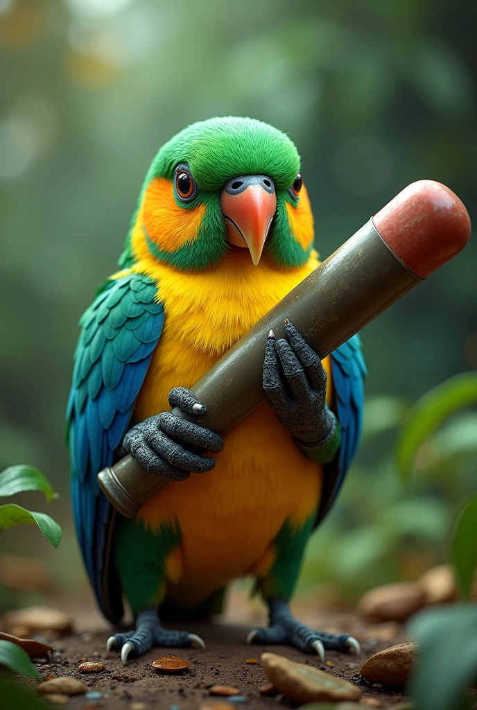 A parakeet with a uniform of the Brazilian national team and a bazooka in his hand