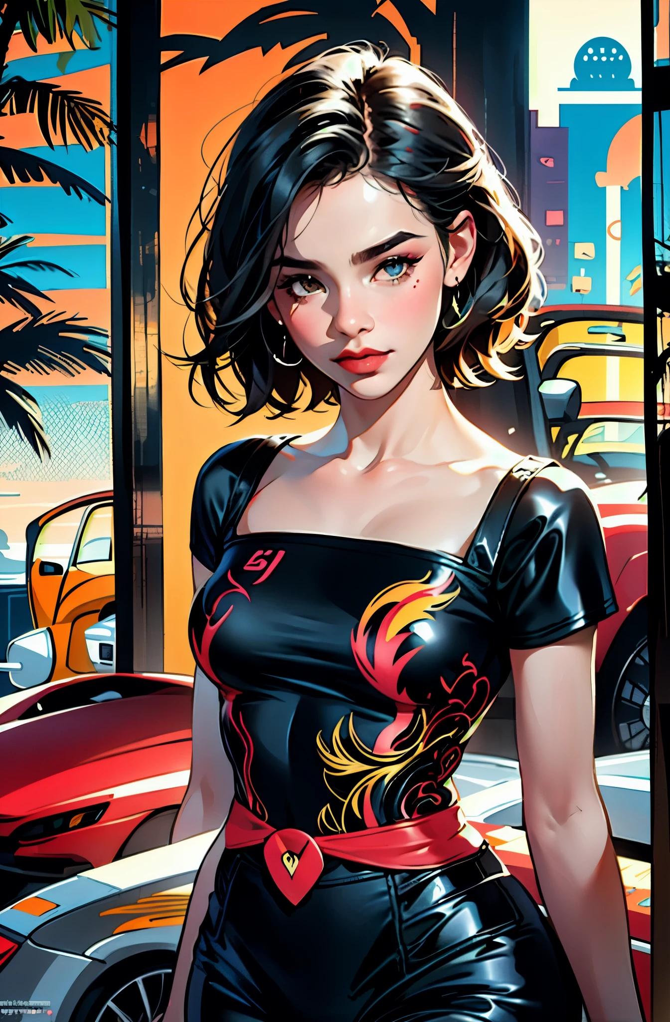 retro girl, Miami, sunset, Ferrari, palm tree, 90's, (flat colors, flat texture, lineart:1.2), graphical design, (heavy ink, ink blacks),