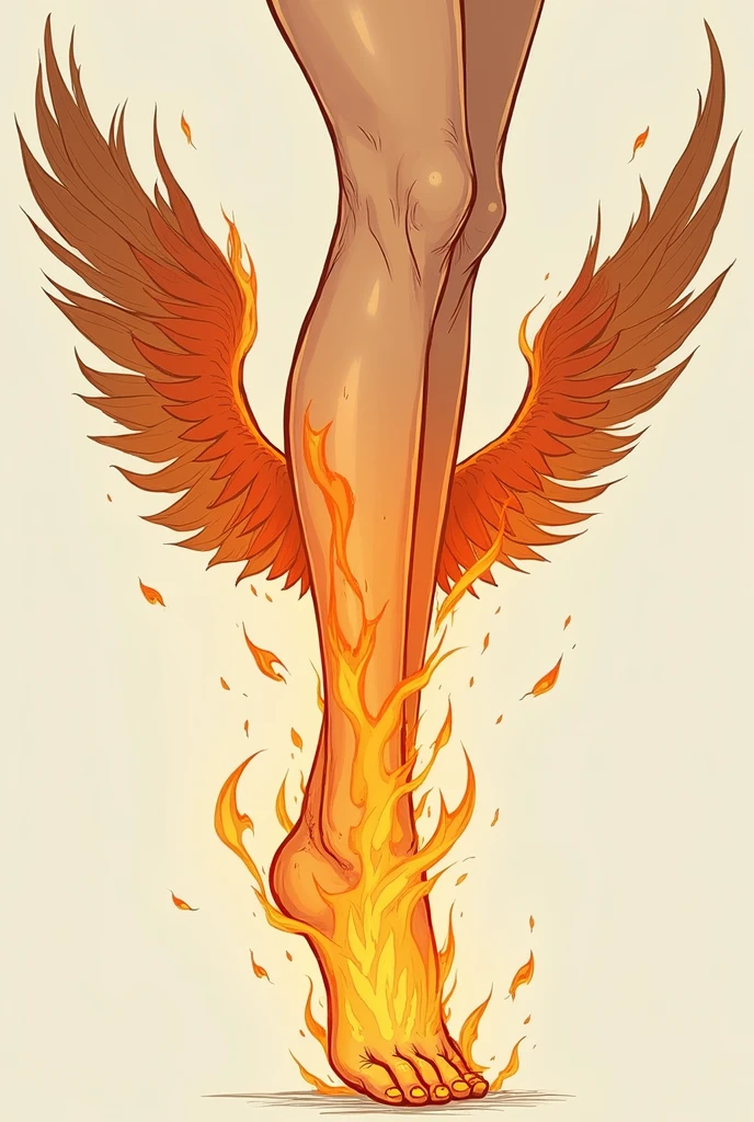 Draw a human shin with a foot, with wings and on fire, described cinnamon fire as logo. the leg as if it were a drawing