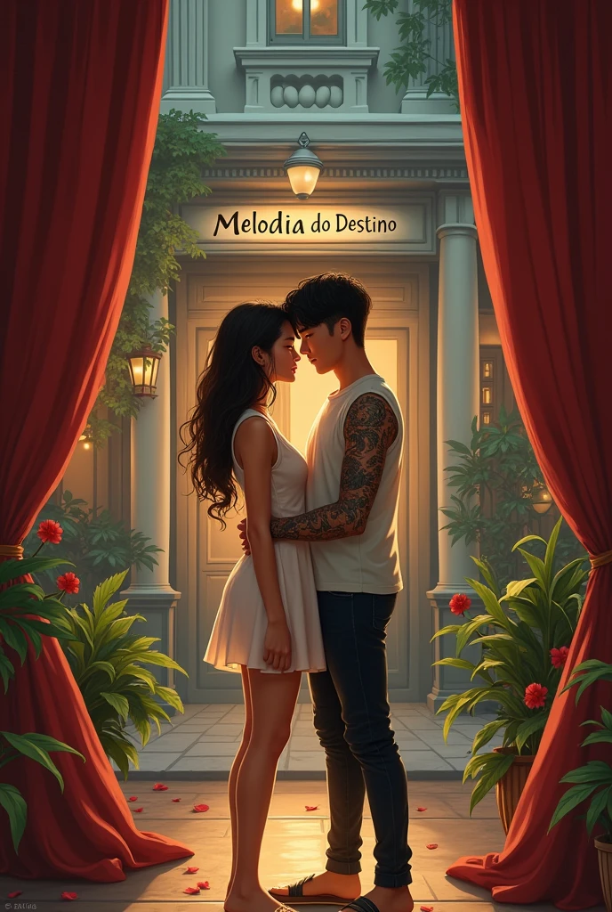 Create a romantic book cover with the title Melodia do Destino in Portuguese A cover containing a stage, a coffee shop called Heavelyn Coffee and in the center a 1 year old woman,58cm her hair is long and wavy down to her hips. She is wearing a delicate dress and a Korean man,79cm with left arm covered in tattoos