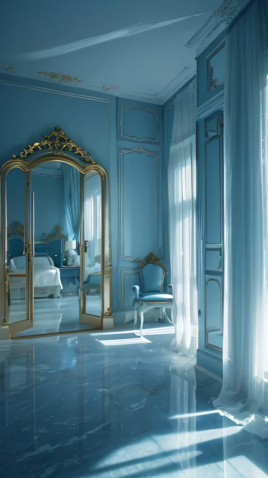 a blue dreamy house, bedroom, retro, foggy, soft focus, year of 1995, cool lighting, muted pastel colors, glowing atmosphere, dramatic, cinematic composition, dream-like quality, ethereal, romantic, soft focus photography, blue hour, windy, marble, golden and mirrors, hazy, thick fogs