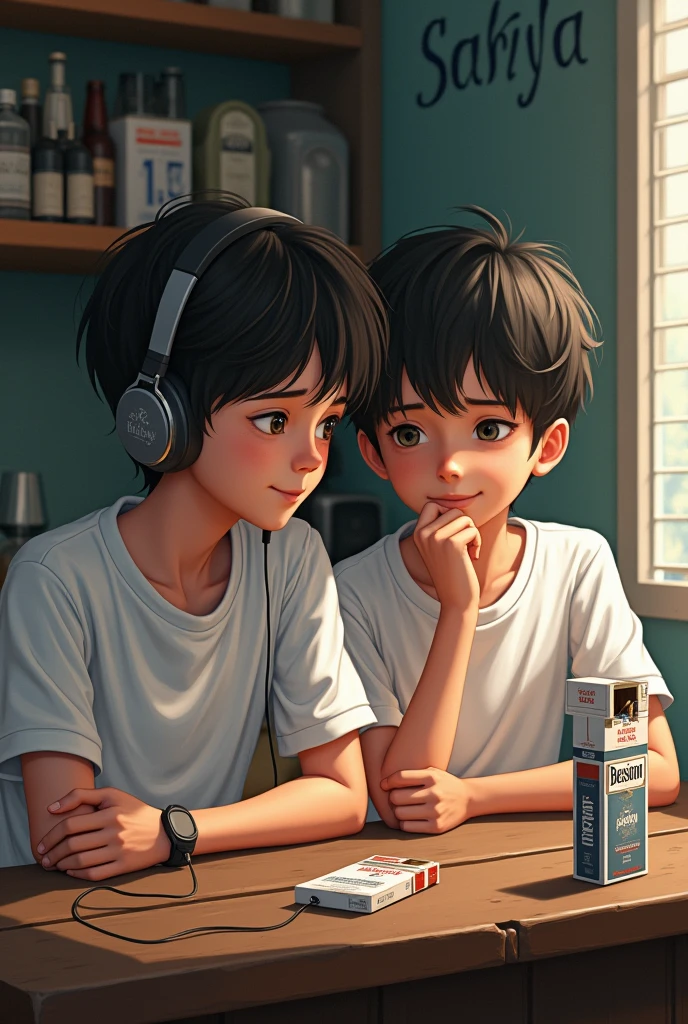 A 2 boy will be dressed in a white T-shirt, listening to music with headphones, a pack of "Benson" cigarettes next to the bar, and the name "Sabiya" carved on the wall