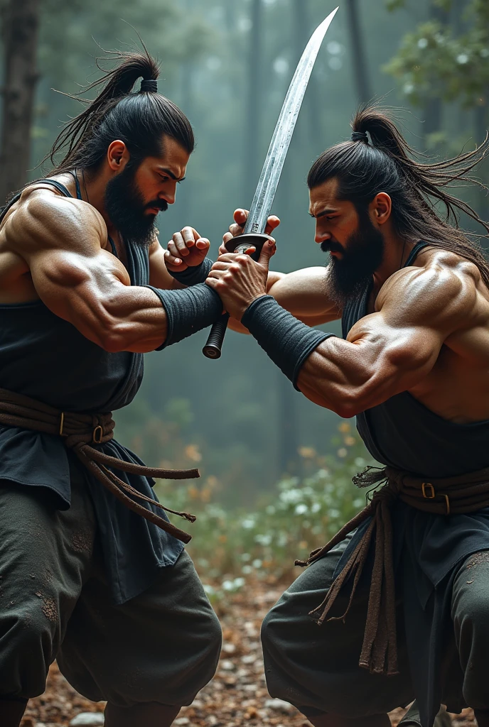 2 man heavy fight scene with katana in both hands