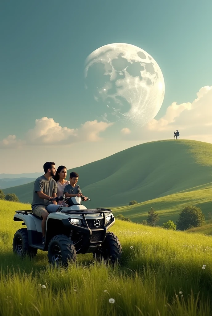 Coltauco landscape of the Quillayquen hill with super moon and grass with a man and his son and his wife who are far away sitting on a Mercedes ATV