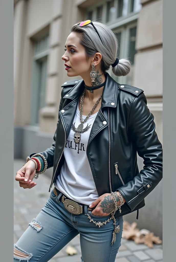 russian milf woman, grey hair (bun) and wide colourful maxi sunglasses as headband. Very light blue eyes, extremely pale. Wearing studded cropped black moto jacket with lots of zippers and pins,  t-shirt with winged skull and gothic lettering , dark skinny blue jeans with holes and rags.  Lots of colourful thick wide bracelets, colourful collars and colourful rings. Tacky wide studded leather belt with oversized skull and bones buckle. Long bohemian earrings with feathers. Standing up, humble facial expression. Hands in pockets, showing off bracelets and rings. Chains around belt.. Listening in amazement to somebody speaking to her, toned six pack abdominals, thin neck, slim legs and thin arms. Tattoed heavily.  Huge black leather tote bag 