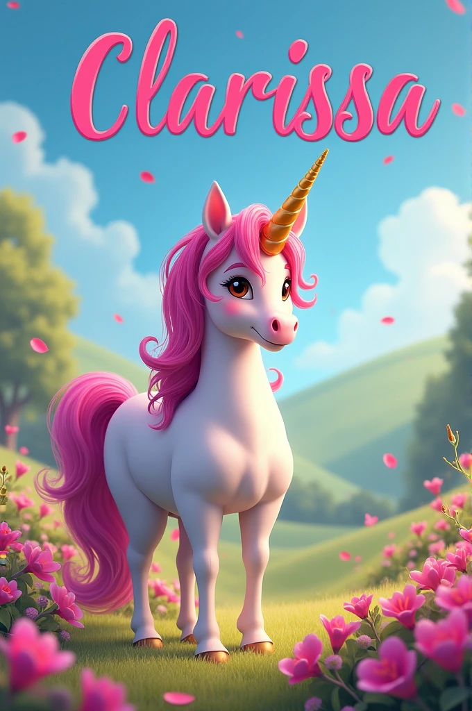 Written in large "clarissa" with pink unicorn with brown eyes, realistic
