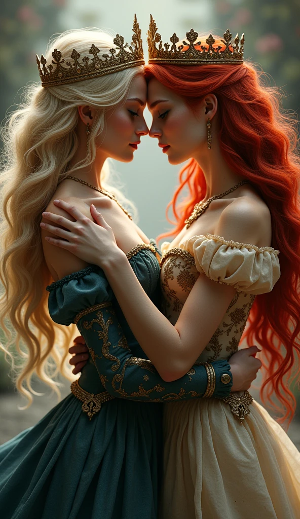 A very beautiful blonde queen and a very beautiful red-haired queen embrace and look at the camera, whole body, crown, Looking at the camera, Watery eyes