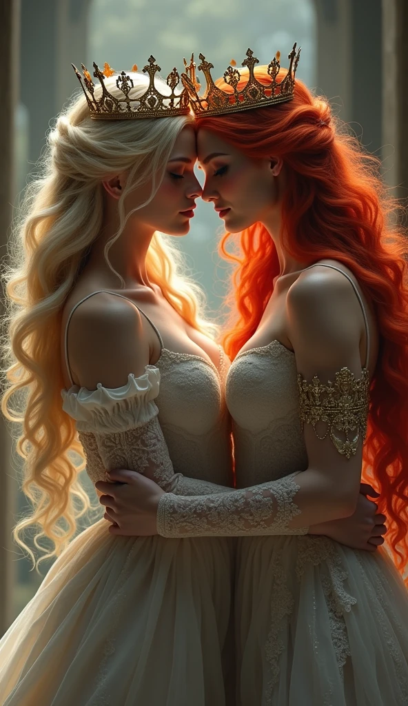 A very beautiful blonde queen and a very beautiful red-haired queen embrace and look at the camera, whole body, crown, Looking at the camera, Watery eyes