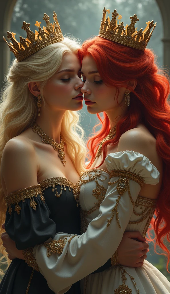 A very beautiful blonde queen and a very beautiful red-haired queen embrace and look at the camera, whole body, crown, Looking at the camera, Watery eyes