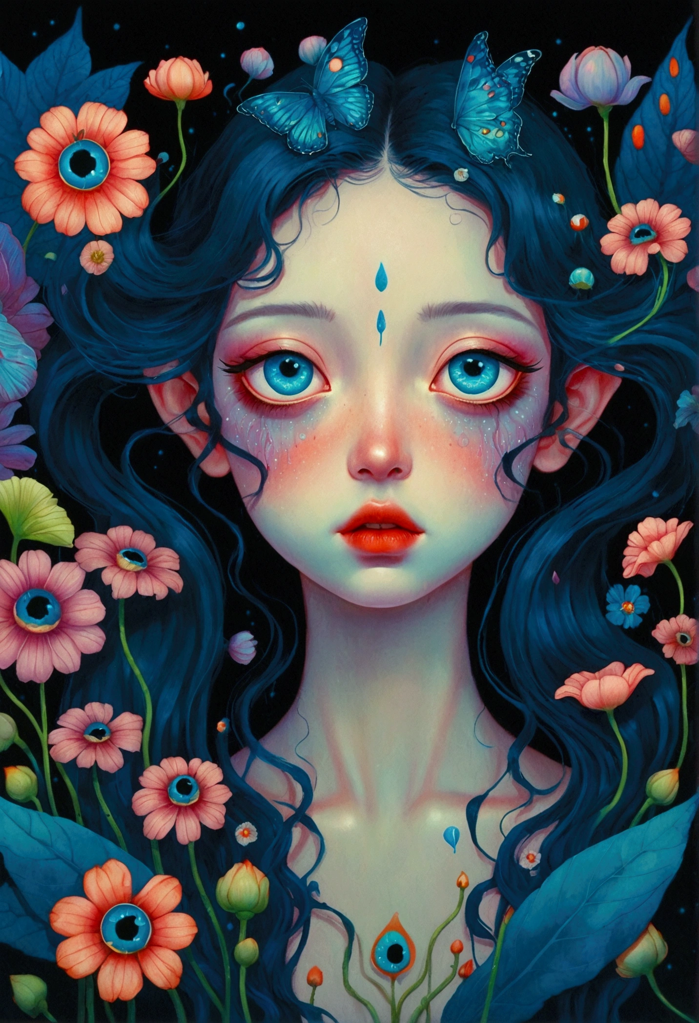 A poster，There is a flower，There are big eyes on it，Surrounded by flowers, Digital art inspired by Marco Mazzoni, Winner of the Behance competition, Psychedelic Art, Psychedelic illustration, beeple 和 james jean, Surrealism psychedelic design, psychedelic Surrealism art, Surrealism + Very detailed, Surrealism design, Psychedelic cosmic horror, beeple 和 jeremiah ketner, Complex artwork. Neon eyes