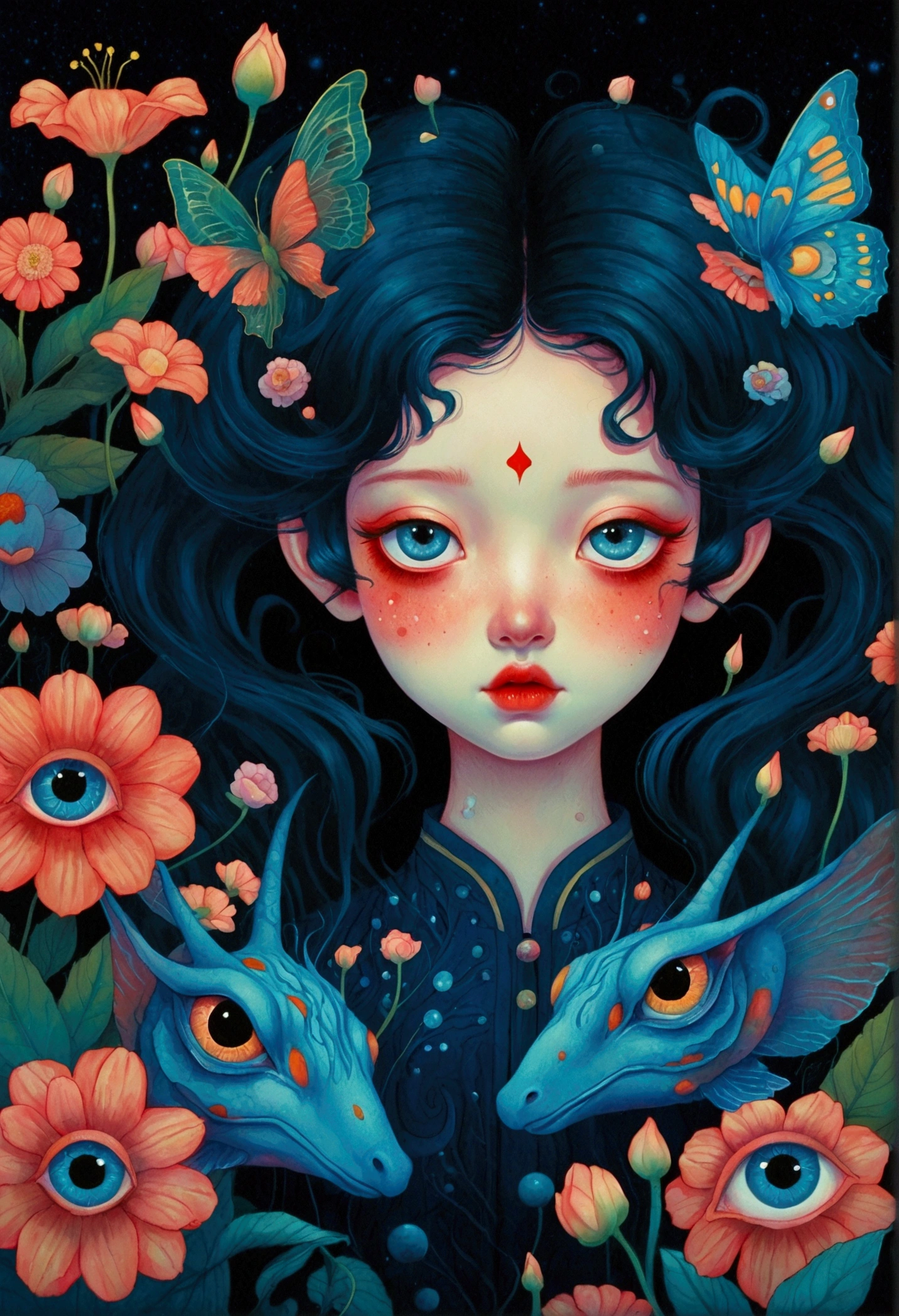 A poster，There is a flower，There are big eyes on it，Surrounded by flowers, Digital art inspired by Marco Mazzoni, Winner of the Behance competition, Psychedelic Art, Psychedelic illustration, beeple 和 james jean, Surrealism psychedelic design, psychedelic Surrealism art, Surrealism + Very detailed, Surrealism design, Psychedelic cosmic horror, beeple 和 jeremiah ketner, Complex artwork. Neon eyes