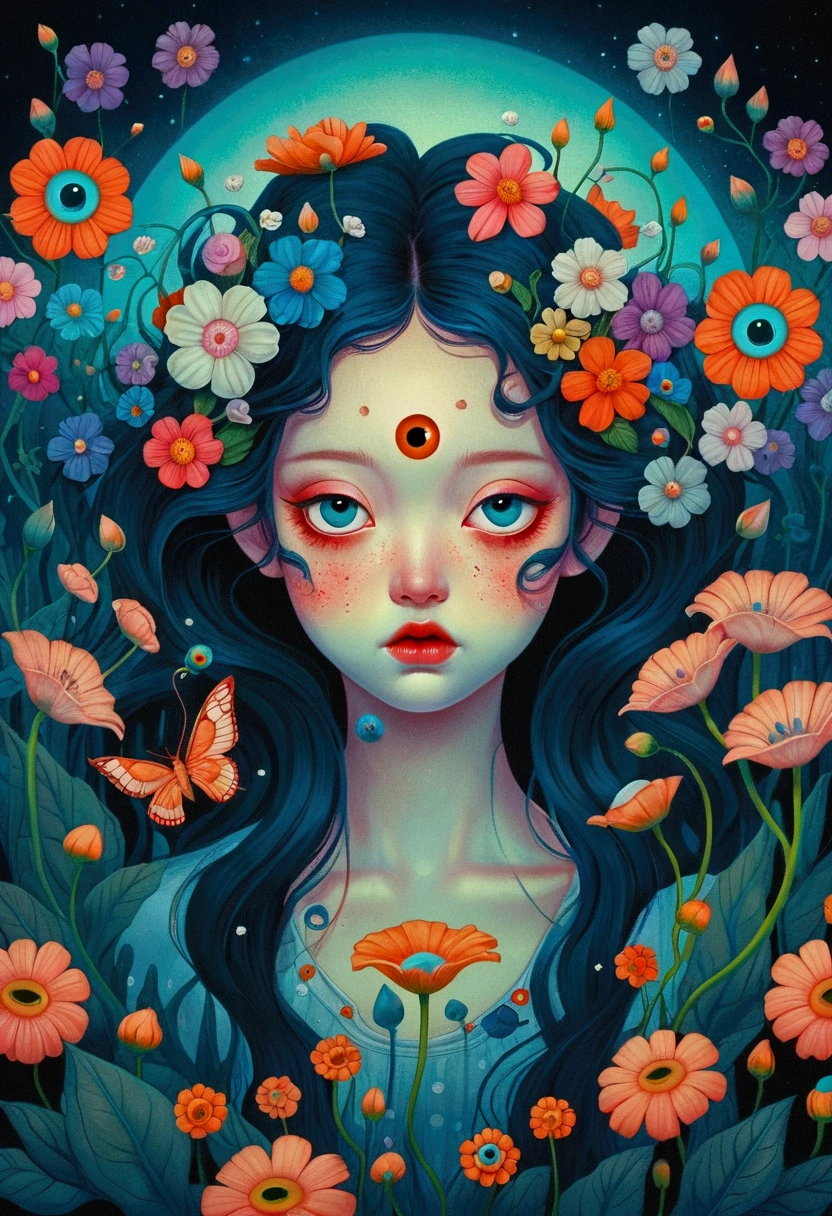 A poster，There is a flower，There are big eyes on it，Surrounded by flowers, Digital art inspired by Marco Mazzoni, Winner of the Behance competition, Psychedelic Art, Psychedelic illustration, beeple 和 james jean, Surrealism psychedelic design, psychedelic Surrealism art, Surrealism + Very detailed, Surrealism design, Psychedelic cosmic horror, beeple 和 jeremiah ketner, Complex artwork. Neon eyes