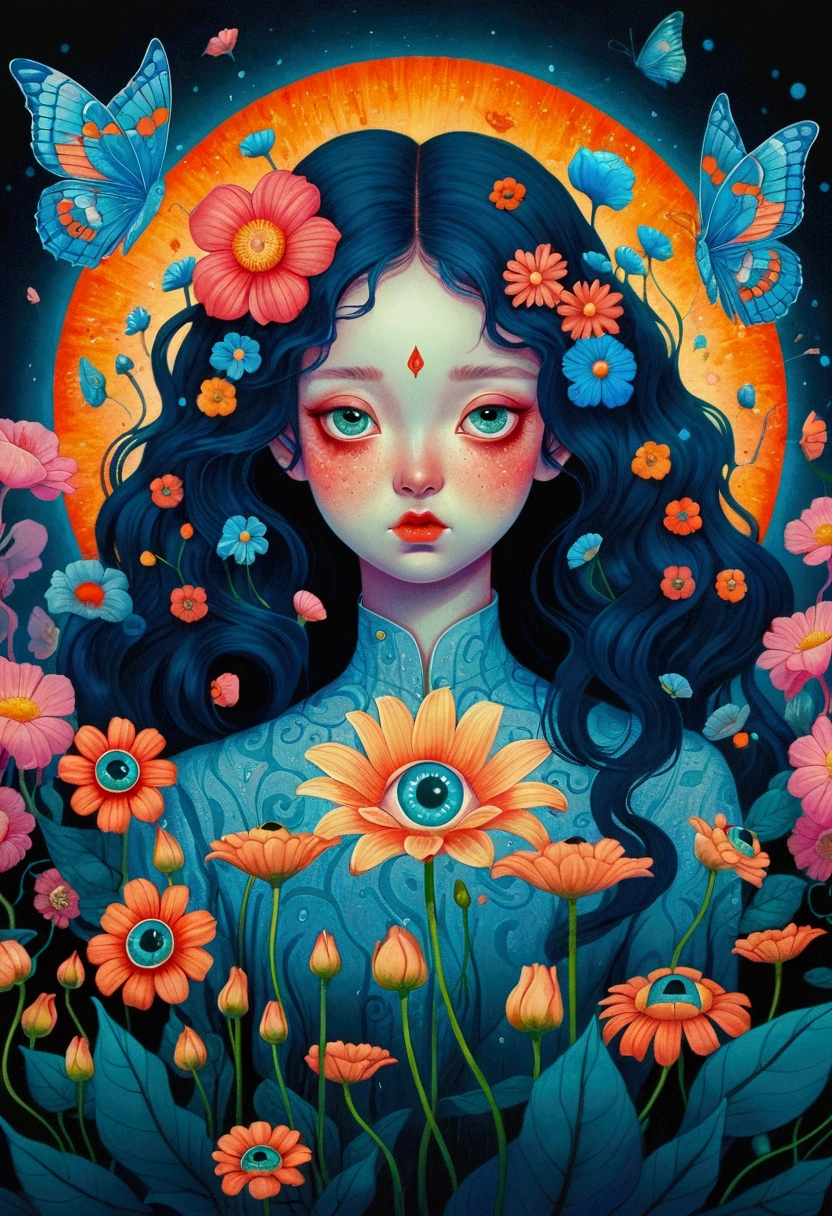 A poster，There is a flower，There are big eyes on it，Surrounded by flowers, Digital art inspired by Marco Mazzoni, Winner of the Behance competition, Psychedelic Art, Psychedelic illustration, beeple 和 james jean, Surrealism psychedelic design, psychedelic Surrealism art, Surrealism + Very detailed, Surrealism design, Psychedelic cosmic horror, beeple 和 jeremiah ketner, Complex artwork. Neon eyes