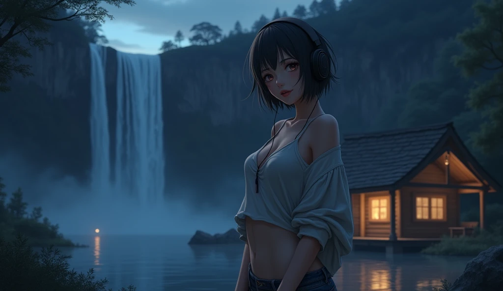 sexy girl with short hair wearing undershirt, his breat half open, short skirt, at night. relaxed listening to music with headphones., outside cabin very close huge waterfall. Anime 2D style, Lo-fi, Dark Ambiance