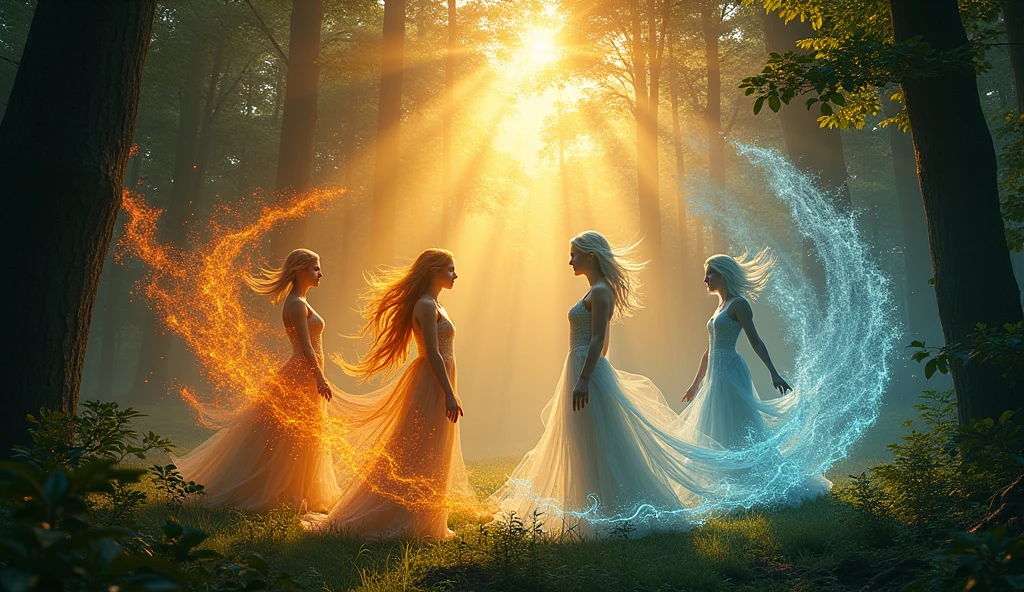 5 elements of nature: land, fire, water, air and ether interconnecting in the forest background at sunset, convey depth
