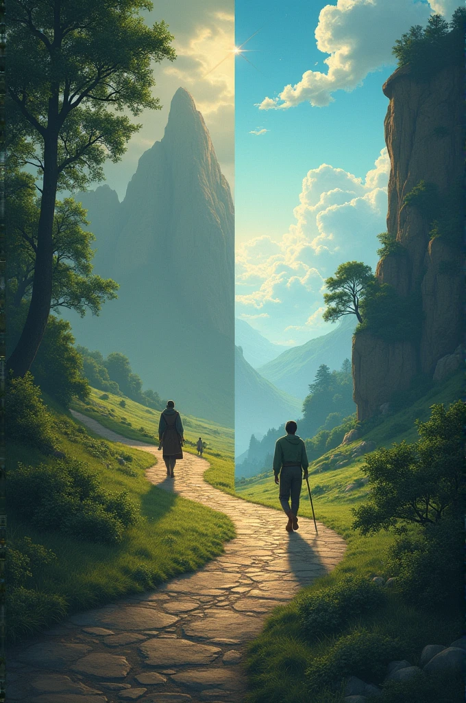 Scene 6: A split image comparing two paths - one with a person following their lineage and another with a person following their actions and piety, symbolizing the writer's message.