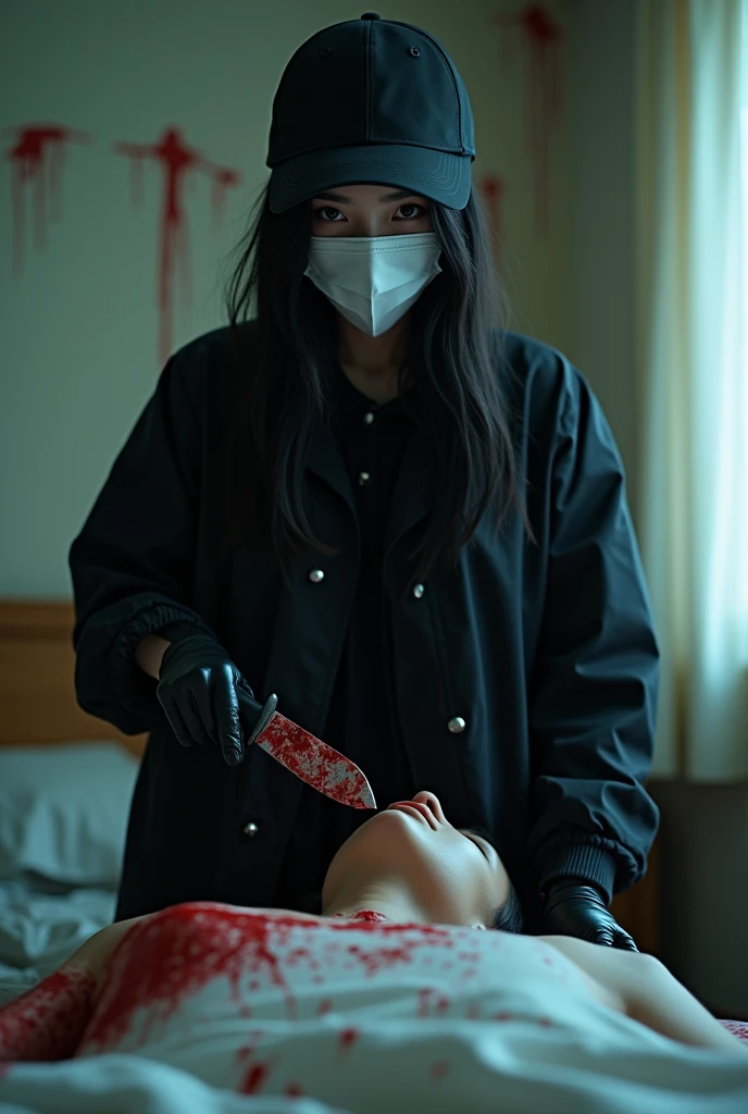 korean girl, (behind stiff, holding knife), stabbing, white mask, black gloves, cute room, black raincoat, trucker hat, bloody knife, black gloves, woman on top, behind cadaver, blood splatter, on the bed, looking at viewer, mass murderer, killer, blood splatter, dark atmosphere, cinematic lighting, atmospheric realistic, light from the window,
