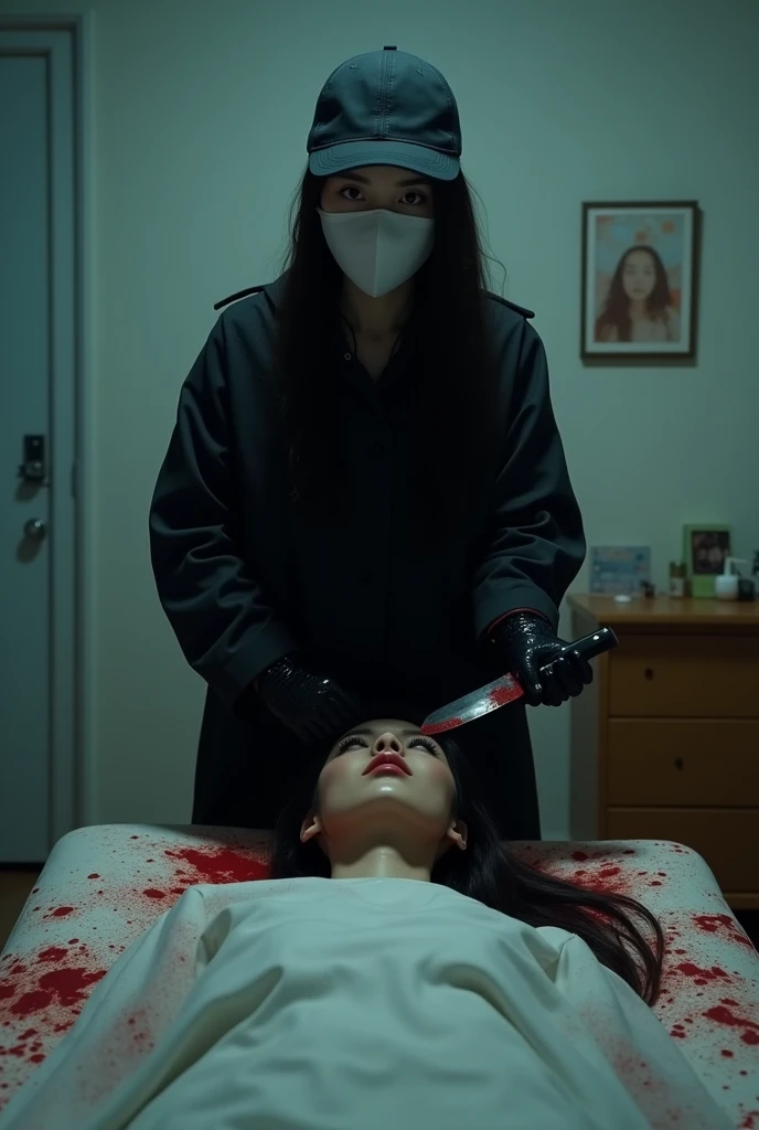 korean girl, (behind stiff, holding knife), stabbing, white mask, black gloves, cute room, black raincoat, trucker hat, bloody knife, black gloves, woman on top, behind cadaver, blood splatter, on the bed, looking at viewer, mass murderer, killer, blood splatter, dark atmosphere, cinematic lighting, atmospheric realistic, light from the window,