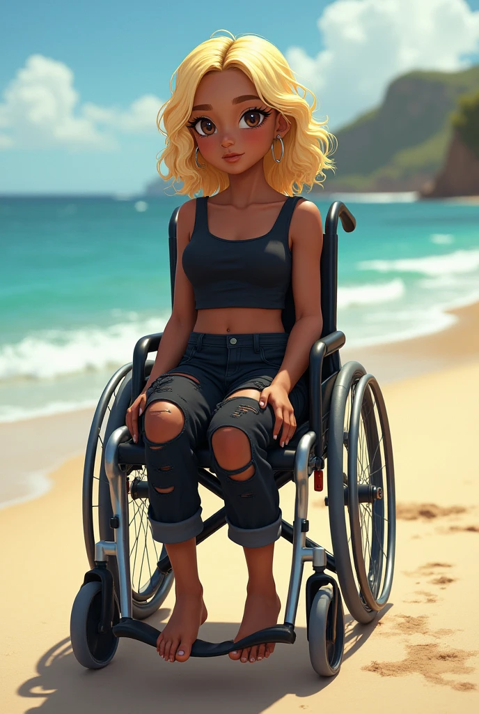 A  black, wheelchair-bound girl with blonde hair,Black Skirt,ripped pants and cropped shirt barefoot, at beach