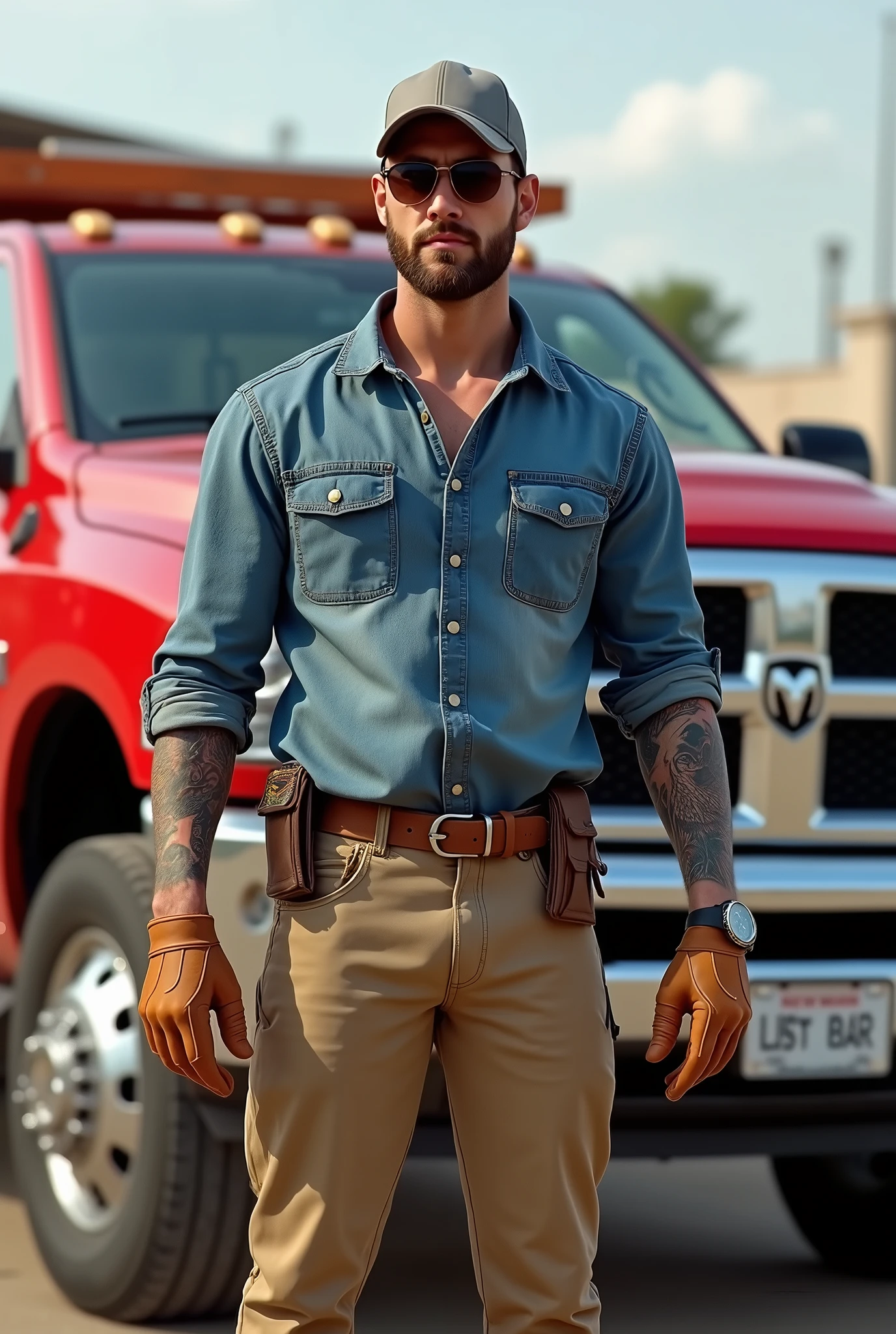 A thirty-year-old contractor standing 176cm tall, weighs 75 kg, has short brown hair, wearing a grey ball-cap, aviator sunglasses, a blue chambray shirt with rolled-up sleeves, tattoos apparent on both arms, a stainless wristwatch, tan leather work gloves, khaki chinos with a brown leather belt, and brown leather work boots stands in front of a red RAM heavy duty crew cab with service body
