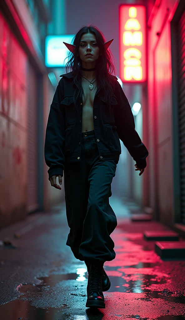 1990s  fantasy , 1 dynamic dark elf female, 90s streetstyle hiphop fashion, baggy thick edgy  loose clothing, with staff,  Melbourne shuffle  jumping shuffling  footwork ,  expressive pose, urban allyway environment, neon lights, cinematic lighting,, extremely detailed, photorealistic, 8k, film grain, dynamic composition, high quality, masterpiece