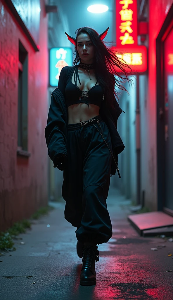 1990s  fantasy , 1 dynamic dark elf female, 90s streetstyle hiphop fashion, baggy thick edgy  loose clothing, with staff,  Melbourne shuffle  jumping shuffling  footwork ,  expressive pose, urban allyway environment, neon lights, cinematic lighting,, extremely detailed, photorealistic, 8k, film grain, dynamic composition, high quality, masterpiece