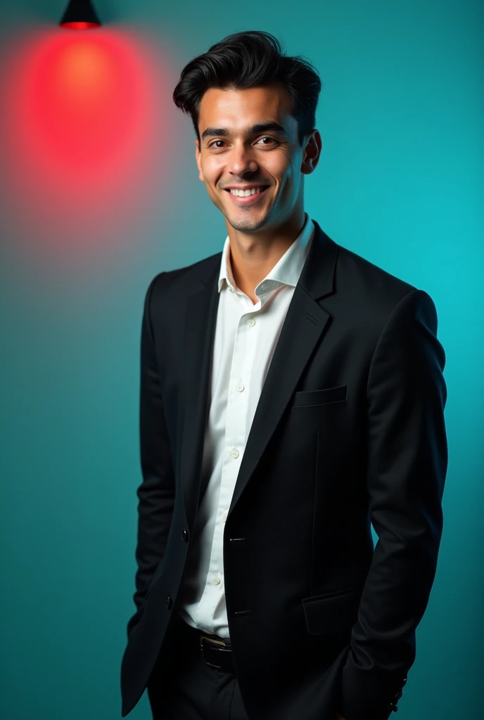 A young man with dark hair and a confident smile. He is dressed in a black blazer over a white shirt. The man is positioned against aqua colour backd20p with a subtle red lighting on the left side. and he posing for LinkedIn profile