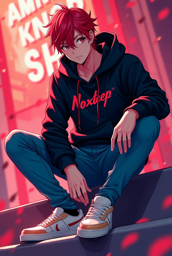 I want to add a cover for selling an iD or a game code. The anime style is a red-haired man wearing a black hoodie, jeans, and slippers. It must have the word NOXTEEP SHOP.