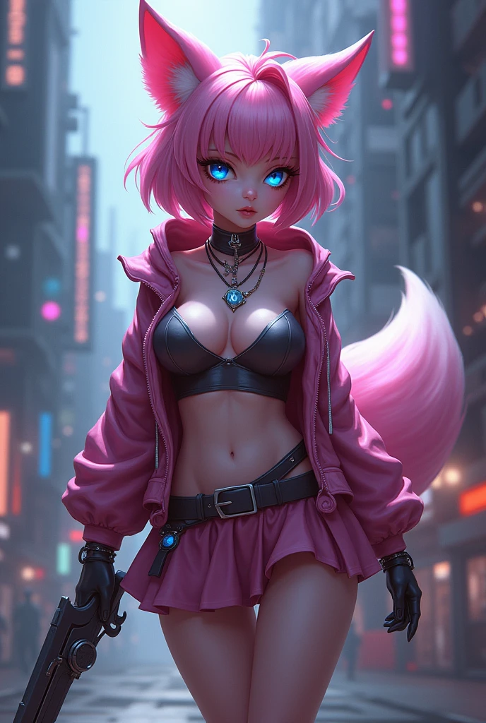 Oh, league of legend, sexy for 4k, wallpapers, detailed eyes, fox ear, (fox tails), a skirt, (long pink fur), medium breasts, Looking at_Shown in_Looking atl espectador, short_hair, gloves, belly button, fail, blue_there are eyes, Eternal, full_body, weapon, Footwear, necklaces, negro_gloves, pulp, hooded, hair_overcome_Yoon_there are eyes, Cultivator_above, hoodie, negro_pants, sneakers, Cut_jacket, cyber punk character, Cut_hoodie