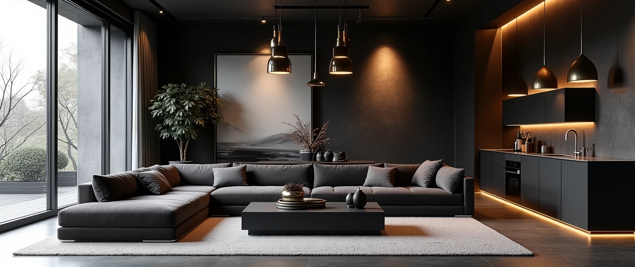 reate a realistic render of a modern and luxurious living space with an industrial and minimalist design, set on a single floor. The room features large floor-to-ceiling windows on one side, allowing natural light to softly illuminate the space. A spacious, plush sectional sofa in a dark, muted tone is positioned centrally, surrounded by modern décor elements. Above the sofa, a series of sleek, metallic pendant lights with reflective surfaces hang down, adding an element of sophistication.
The living area is complemented by a large, dark coffee table placed on a soft, neutral-toned rug that ties the space together. The background features a dramatic piece of modern art that brings depth to the room. On the right side, the space seamlessly transitions into a modern kitchen area with a clean, streamlined design. The kitchen is equipped with minimalist cabinetry, a sleek countertop, and subtle lighting that enhances the warm, cozy atmosphere.
The overall color scheme is dominated by dark and neutral tones, with carefully placed lighting to create a dramatic yet inviting ambiance. The entire design emphasizes simplicity, elegance, and functionality, making the space both aesthetically pleasing and practical for everyday living.